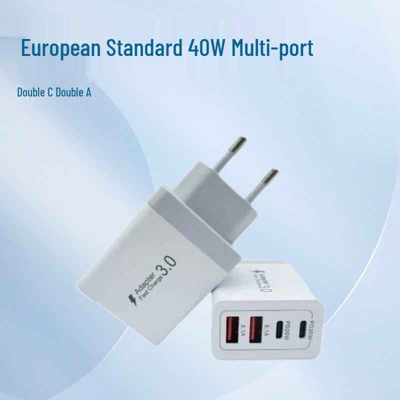 40W EU Standard 4-Port Fast Charger: 2 USB-C & 2 USB-A for Mobile Phones & Watches