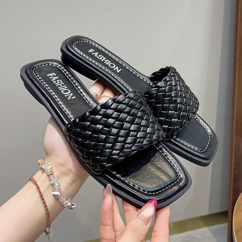 Women's Summer Flat Square-Toe Breathable Woven Slide Sandals, French Style Beach Casual Footwear For Dresses.