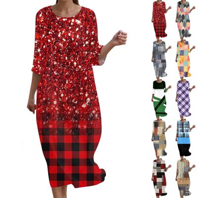 Women's Fashionable Printed Round Neck Seven Quarter Sleeve Loose Dress