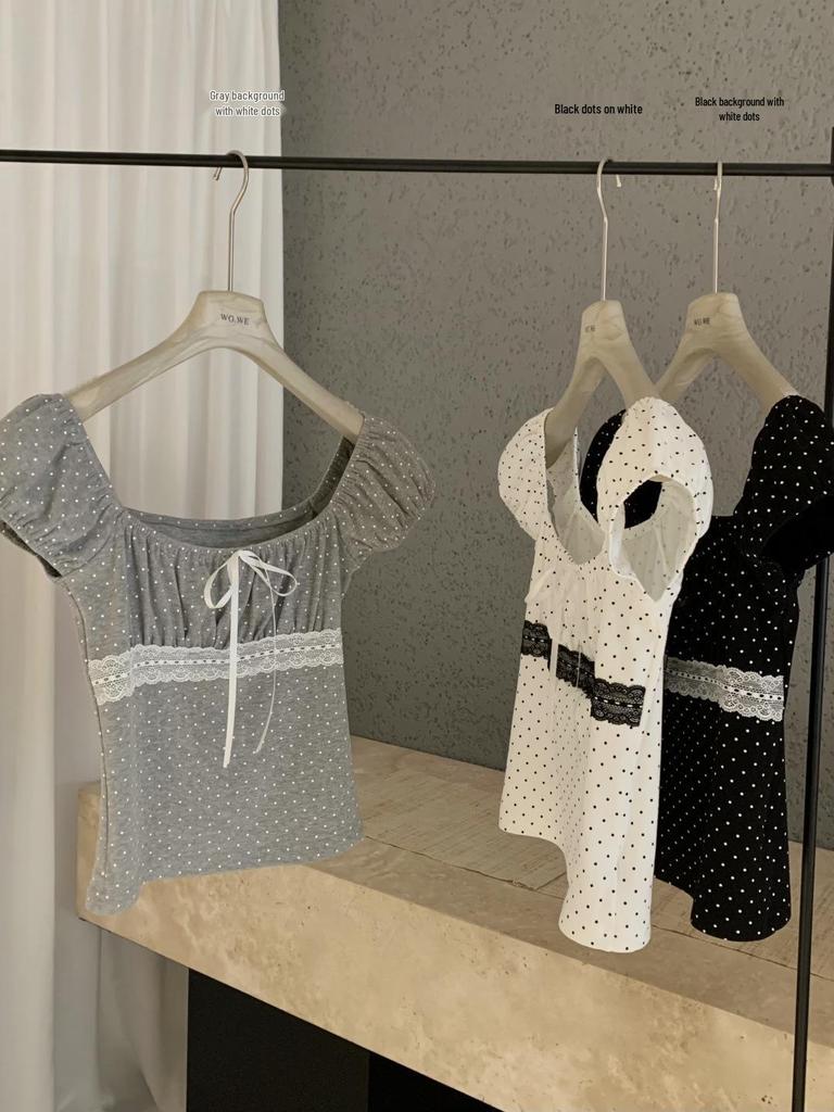 Petite Polka Dot Square Neck T-shirt - Women's Spring/Summer Slim Fit Short Sleeve Top