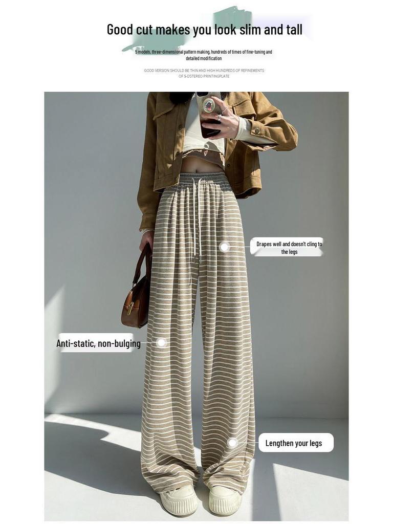 Autumn 2024 Women's Striped Wide-Leg Tie-Waist Pants - Casual, Floor-Length Trousers