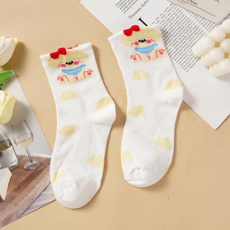1/5 Pairs Women's Cute Cartoon Mid Calf Socks Pure Sotton Skin-friendly Breathable Mid-tube Socks Suitable for All Seasons