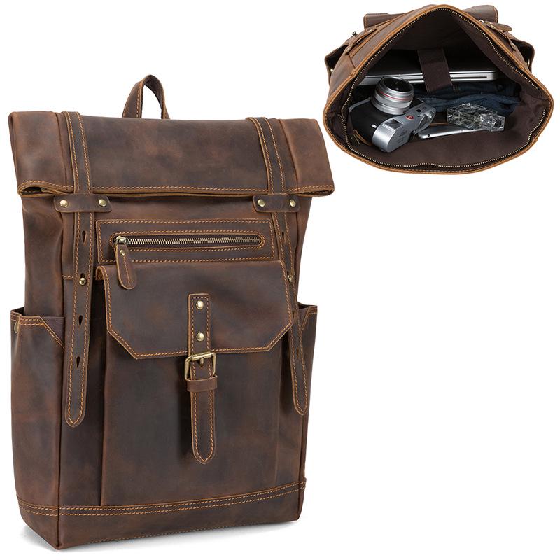 

Мужской рюкзак большой вместимости из натуральной кожи Crazy Horse для ноутбуков 15,6 дюймов – Модная европейская и американская повседневная дорожная сумка