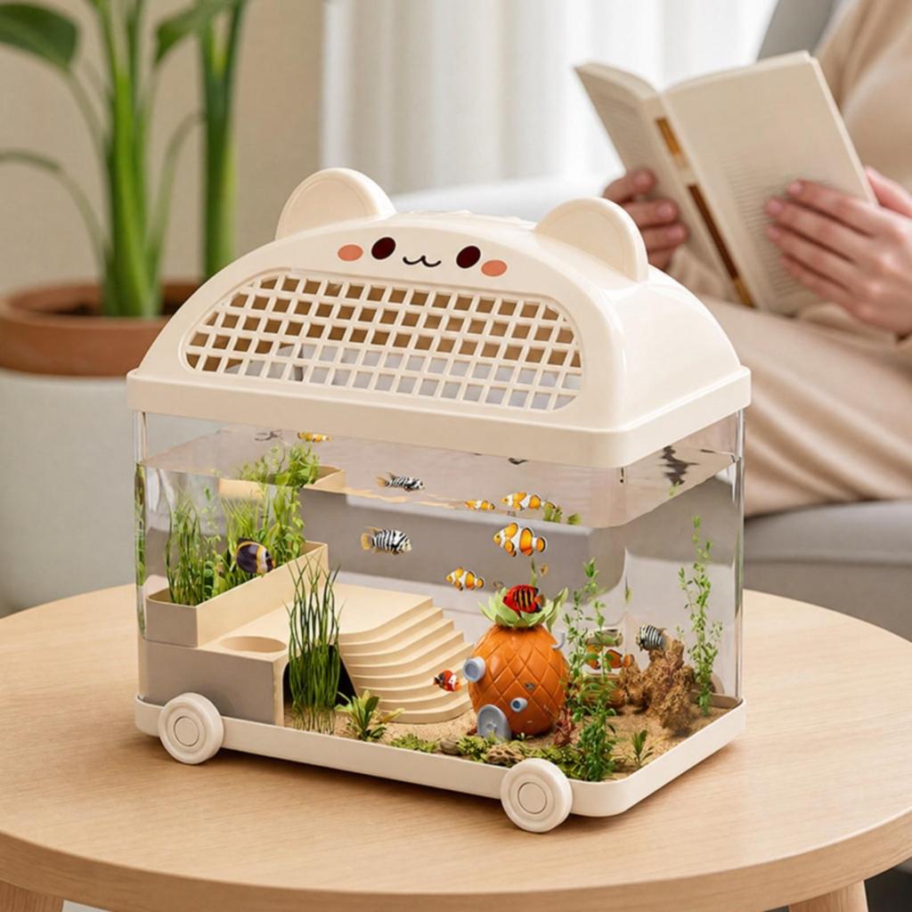 CatShaped Pet Enclosure Ventilated Transparent tank with Wheels Enclosed Raised