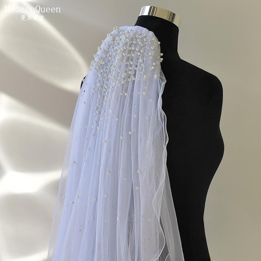 Wavy Edge Tulle Bridal Veil Mixed Size Scattered Pearl Hand Sewn Short Mid Length Wedding Veil With Comb For Strapless Gown Elopement Portrait Shoot