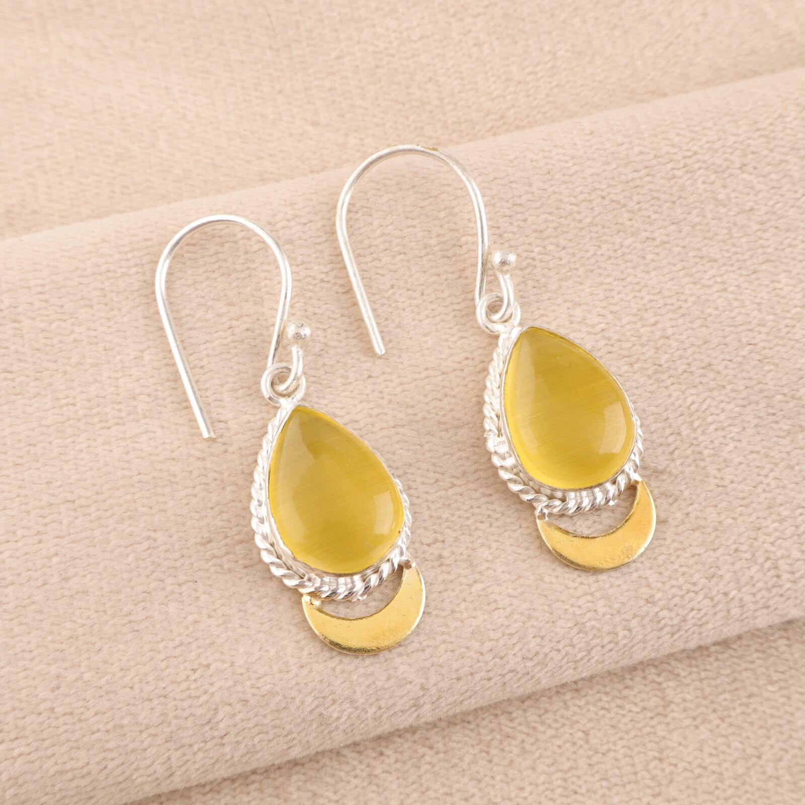 

Желтый камень Кошачий глаз Ювелирные изделия из стерлингового серебра 925 пробы Ручная работа Серьги-крючки 1,5 EE-162-34