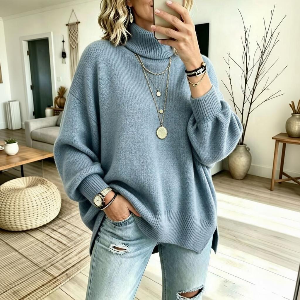Women's Color Turtleneck Long Sleeve Knit Pullover Sweater with Side Slits