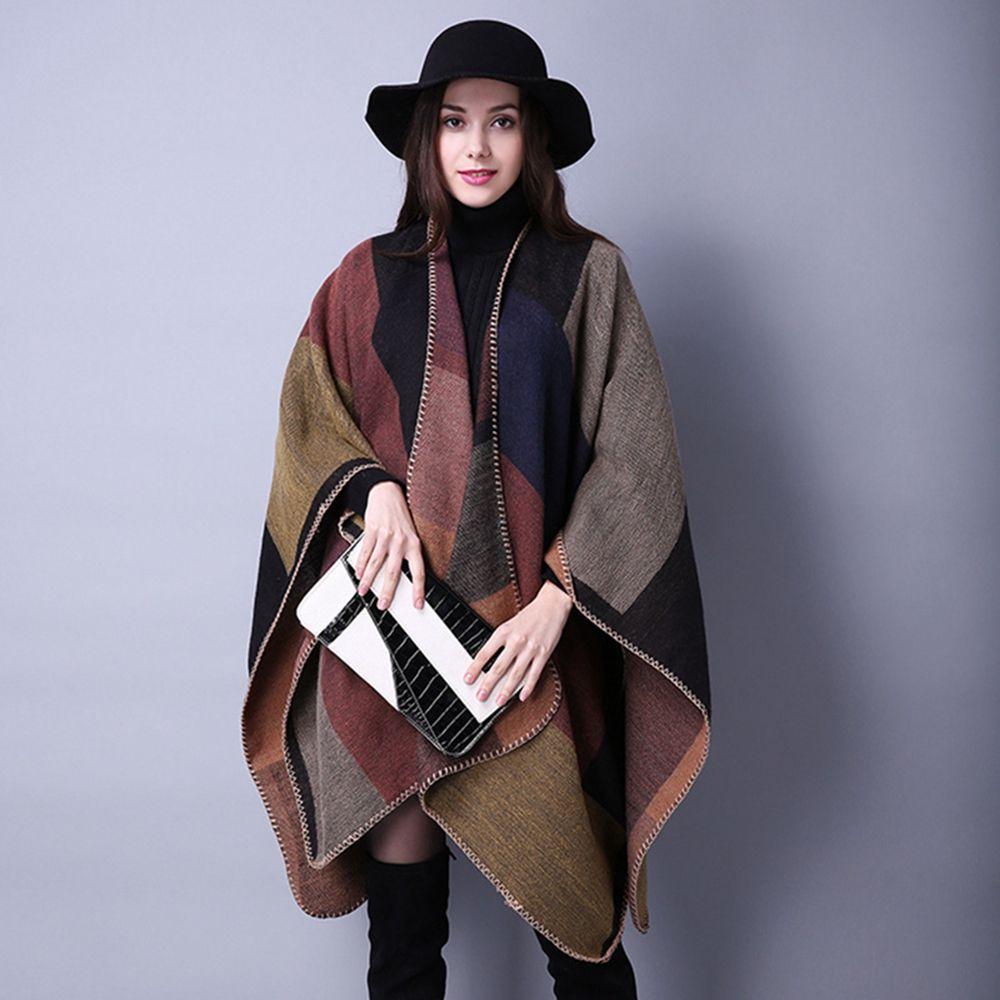 Soft New Women Cashmere Scarf Blanket Cloak Patchwork Plaid Poncho Wrap Shawl