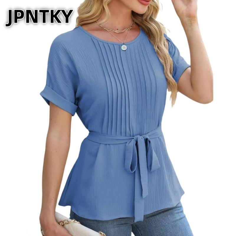 JPNTKY Moda Donna Casual Stampa Colore Unico Manica Corta Girocollo Camicette & Camicie