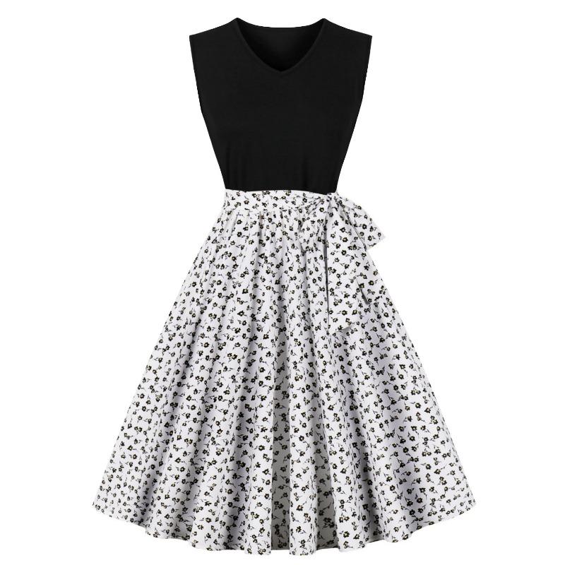 Summer New Retro V-neck Sleeveless Black Spelling Print Pendulum Dress