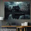 2D Spooky Old Cottage with Boat Photo Booth Backdrop Cloth for Horror Theme