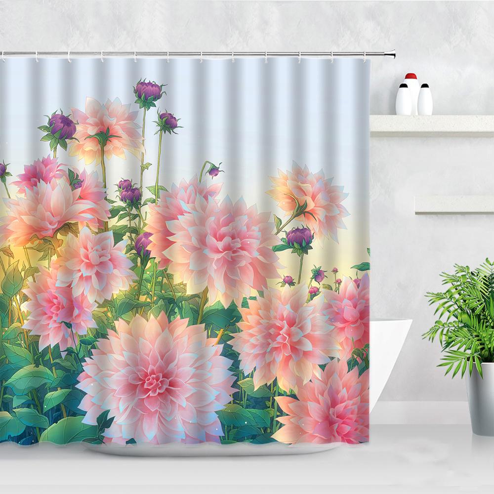 Butterfly Flower Shower Curtain Watercolor Plant Printed Bathroom Curtain Pretty Wildflower Pattern Bath Curtain With Hooks