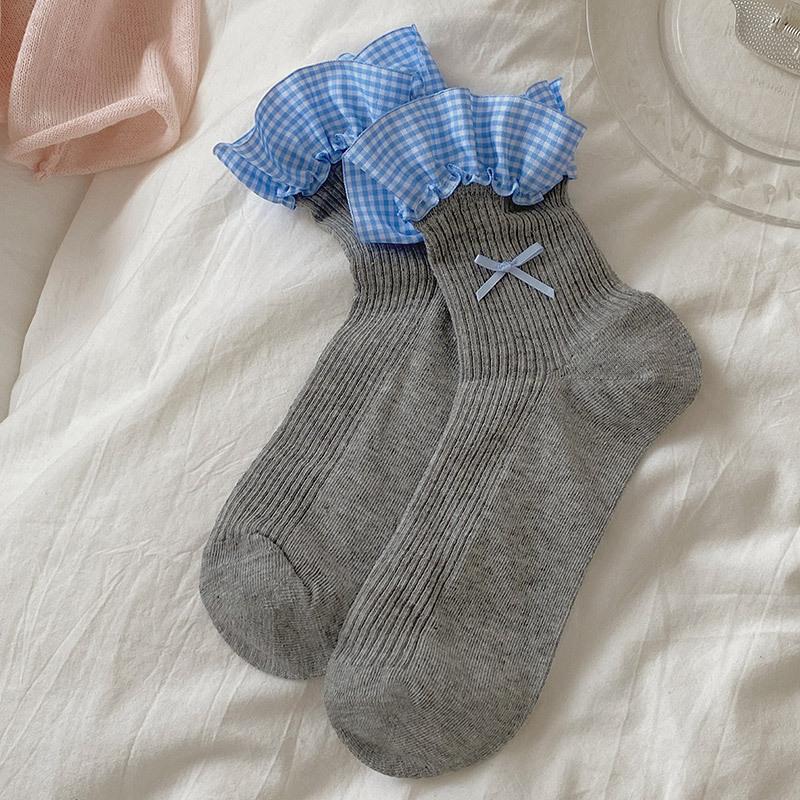 Miu Short Tube Socks Children'S Jk Blue Plaid Lace Women'S Socks Bow Summer Thin Boneless Cotton Socks