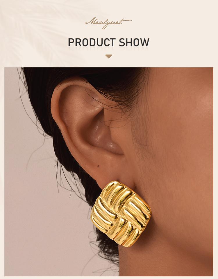 Large Statement Chunky Stud Earrings for Women, Gold Plated Striped Rectangle Geometric Square Earrings Patry Jewelry
