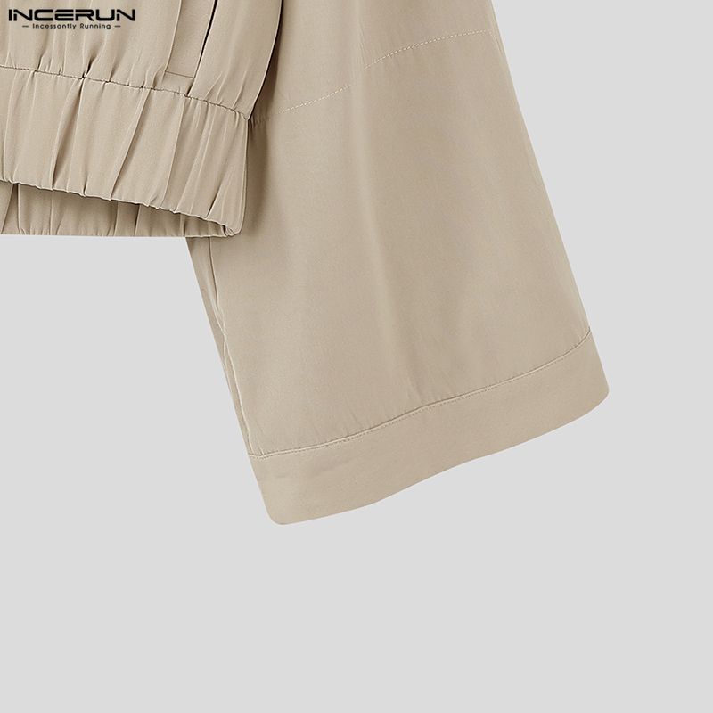 INCERUN S-5XL Men Stitching Collar Zipper Up Long Sleeve Loose Cargo Jackets Coats