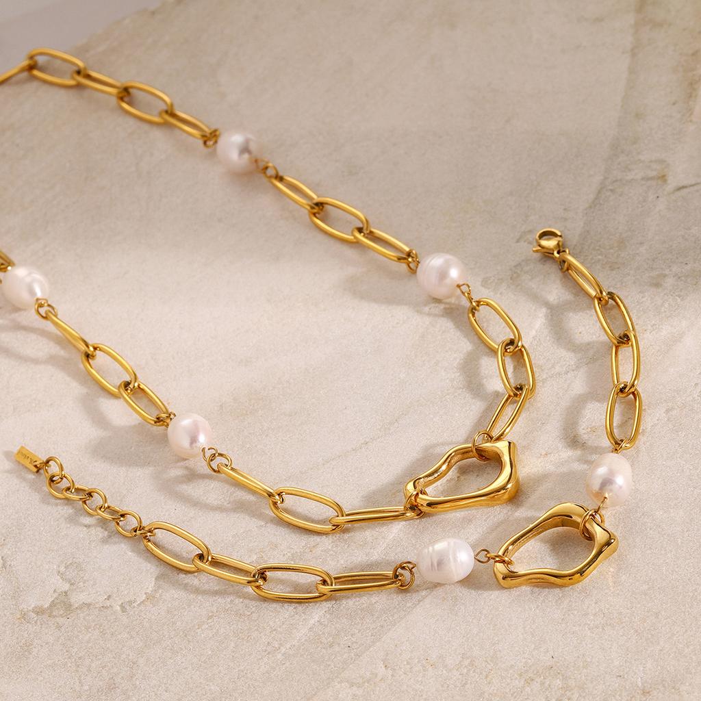 Ocean Style Stainless Steel Natural Pearl Drop Necklace Bracelet Anti Allergic Metal High Quality Daily Jewelry Gift