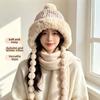 Striped Knit Pompom Braids Hat Fleece Lined Earflap Winter Cap Fur Trim Trapper  Commute