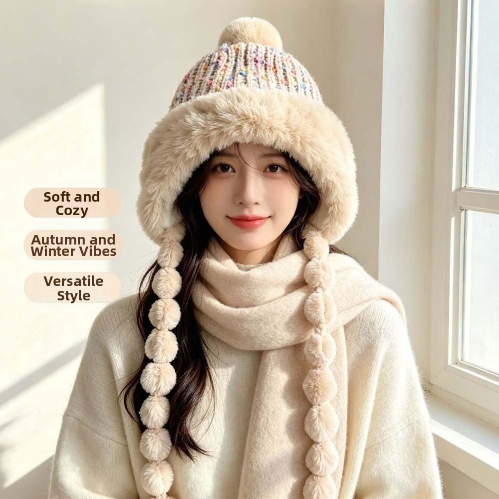 Striped Knit Pompom Braids Hat Fleece Lined Earflap Winter Cap Fur Trim Trapper Commute