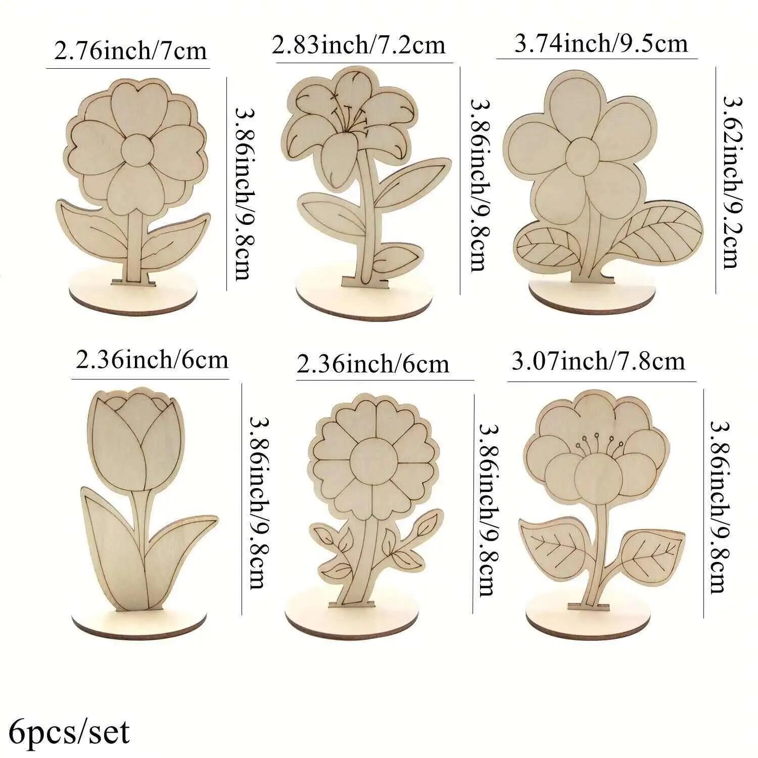 

6Pcs/Set Unfinished wooden flower DIY blank pieces for painting, wooden flowers, 3D decorations, decorative items 10-11cm