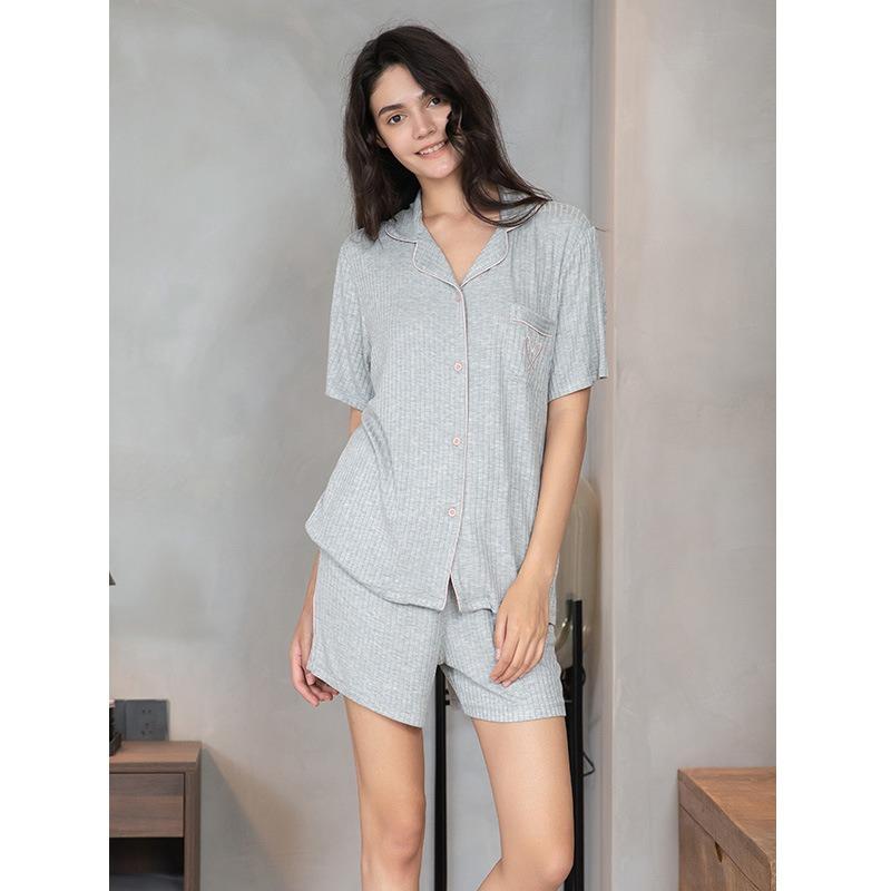 Ladies Summer Cool Feeling Short Sleeve Loungewear Shorts Set Love Pocket Solid Colour Stripe Modal Cotton Pajama Set
