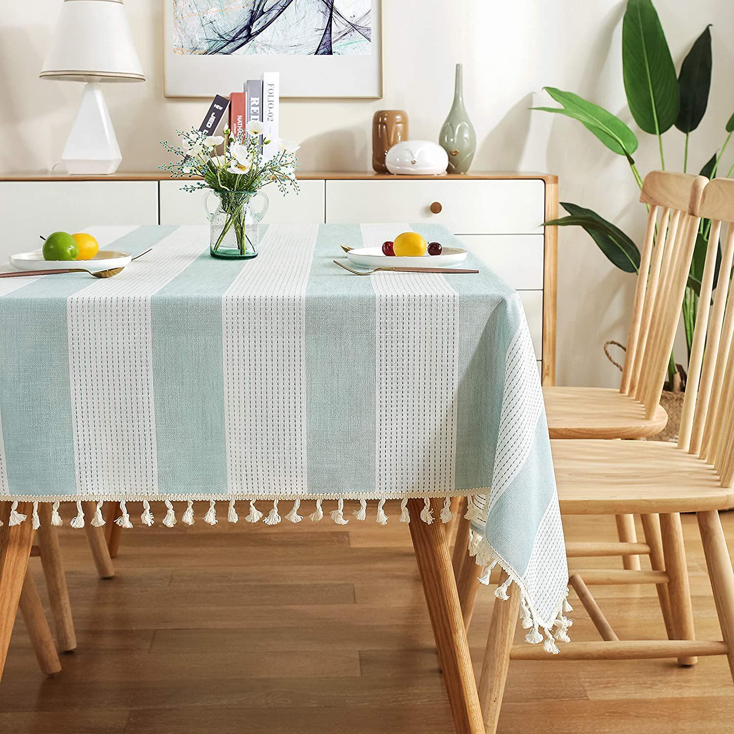 Kitchen Dinning Blue and White Stripe Cotton Linen Dust-Proof Rectangle Table Cloths 140X140cm