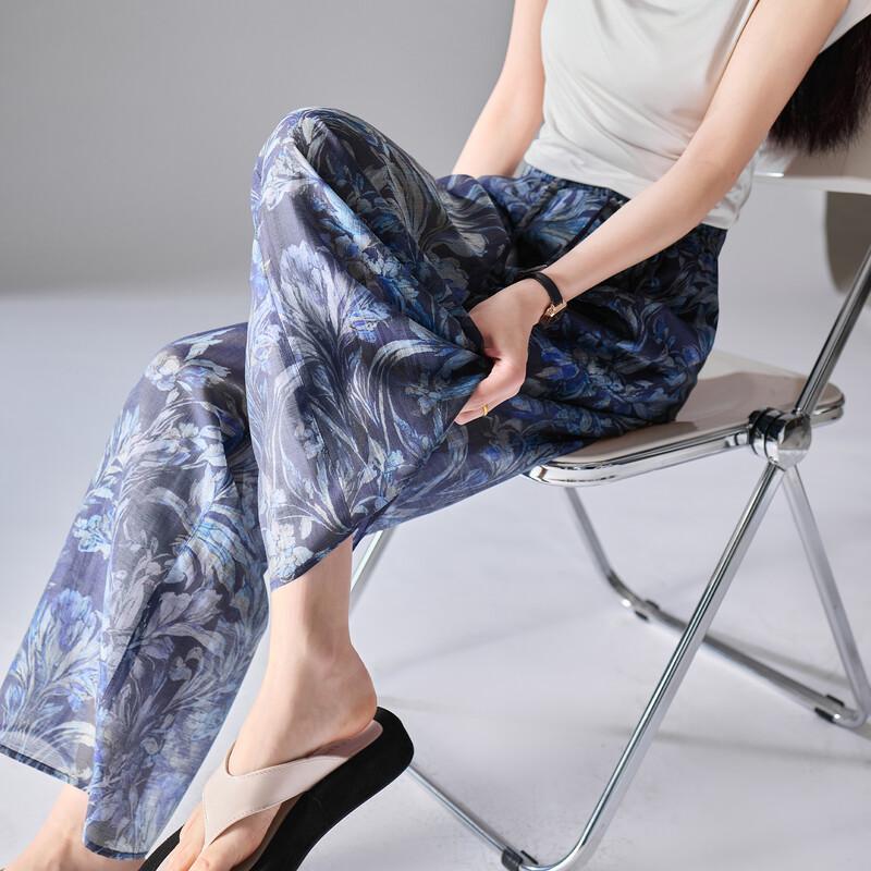 SOFSIL Women s High-Waist Printed Wide-Leg Casual Pants темно-синий