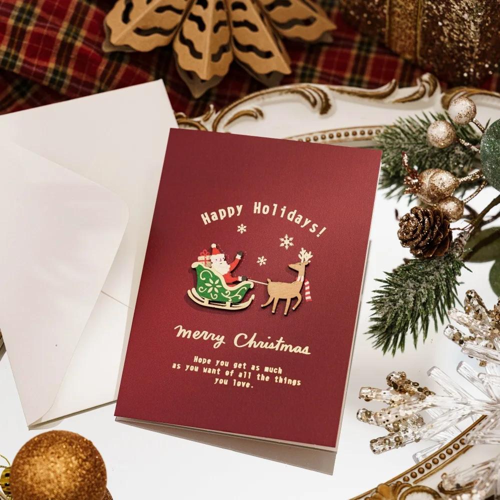 

Merry Christmas Fold Small Greeting Cards with Envelopes Xmas Postcard Navidad New Year 2025 DIY Gift Card Decoration Noel