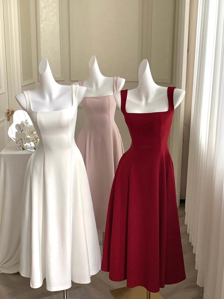 Elegant French Style Acetate Crinkled Strappy Long Dress for Mature Women