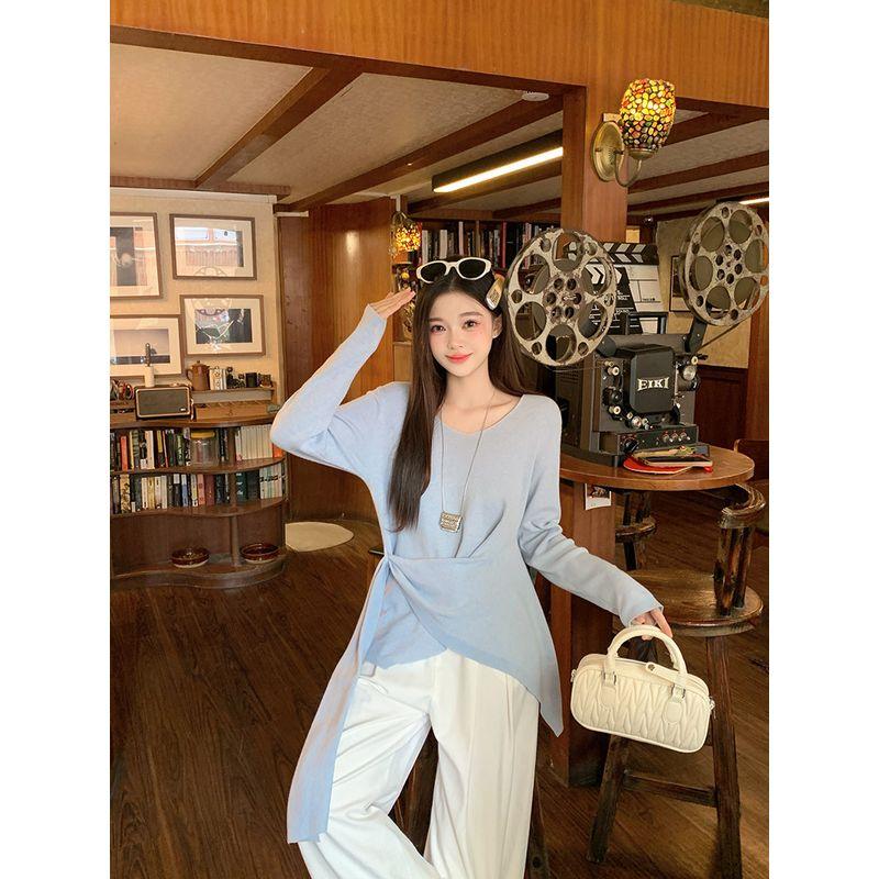 

Han Ting s New Spring Collection for Plus-Size Women: a Stylish V-Neck, Waist-Cinching, Slimming Long-Sleeve Knit Top with a Ribbon Blue XL