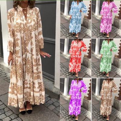 Women's Long Sleeve Maxi Dress Stand-collar Waistline Floral Printed Boho Long Dress