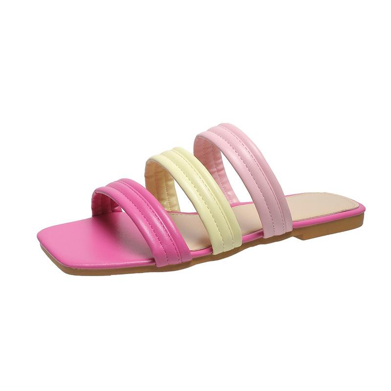 

Summer new square head flat bottom simple color matching beach slippers women s large size sandals 35