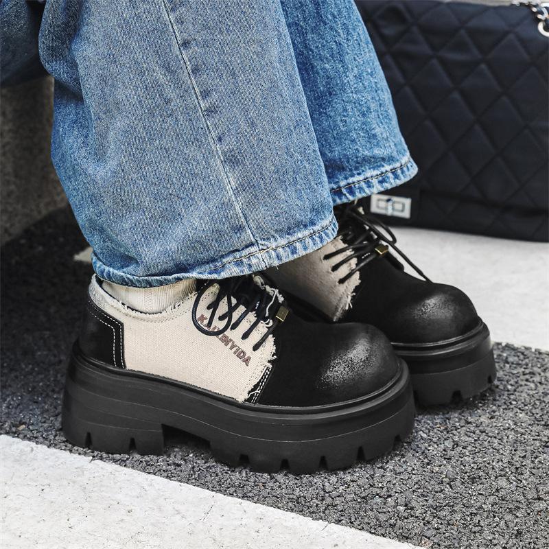 Premium black small leather shoes loafers platform heightening British style single shoes lace-up Korean version versatile 30399-E