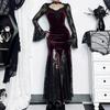 Women Cosplay Dress Dark Style Halloween Party Costume Lace Patchwork Flower Embroidery Fish Tail Hem Long Sleeves Tight Waist A