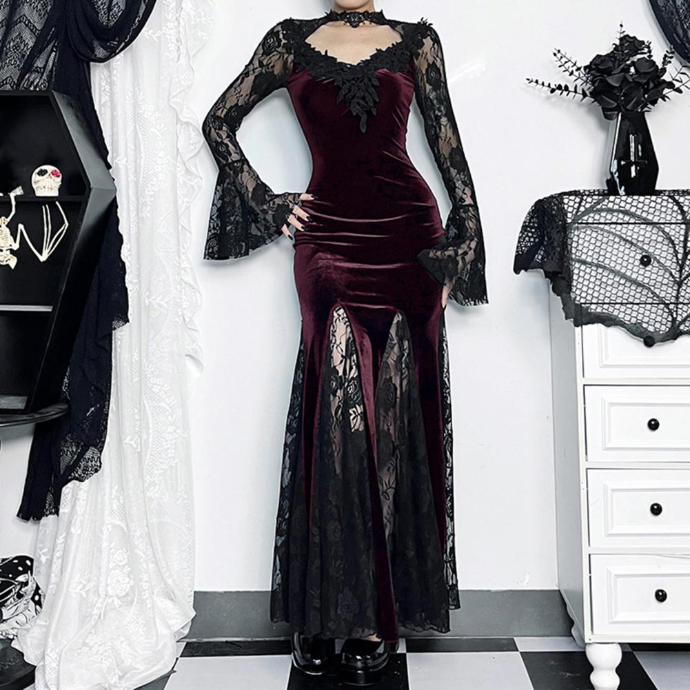 Women Cosplay Dress Dark Style Halloween Party Costume Lace Patchwork Flower Embroidery Fish Tail Hem Long Sleeves Tight Waist A