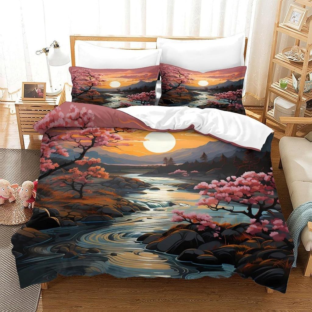 Sunset Landscape Duvet Cover 140x200cm With 1 Pillowcase Anime Scenery Quilt Cover 3D Design Printed Bedding