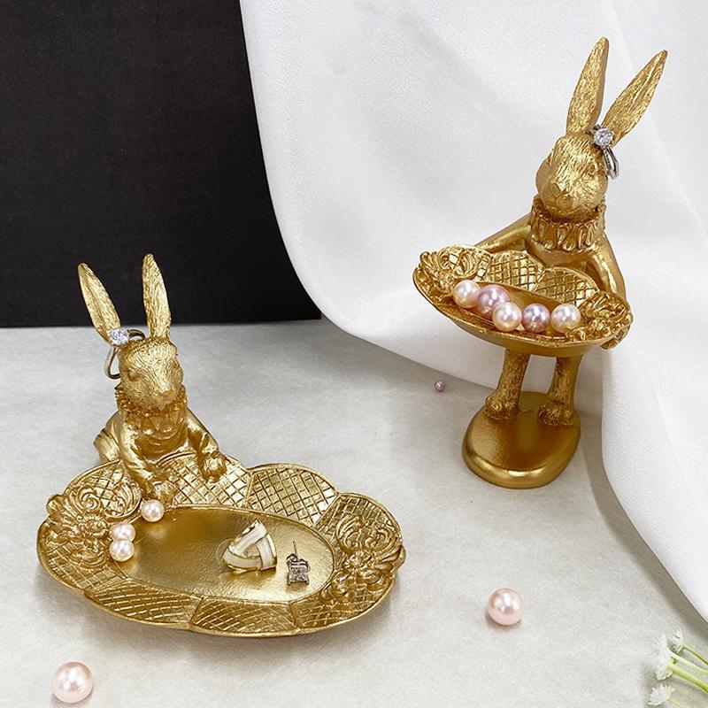 Cute Golden Bunny Figurine Luxury Jewelry Ring Tray Home Desktop Decoration Easter Rabbit Statue Resin Crafts Dresser Ornaments