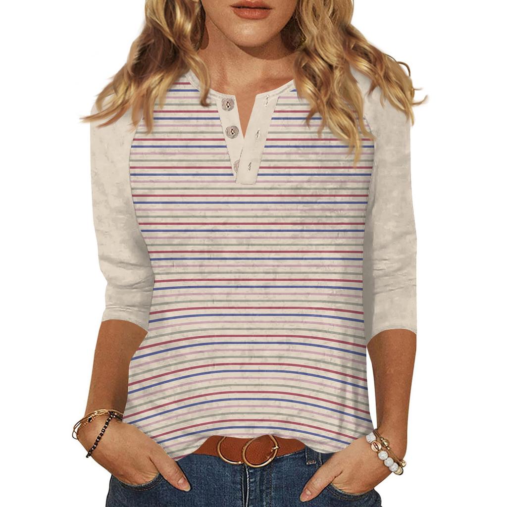 Women's T Shirt Print Button 3/4 Sleeve Daily Weekend Fashion Basic V- Neck Regular Top