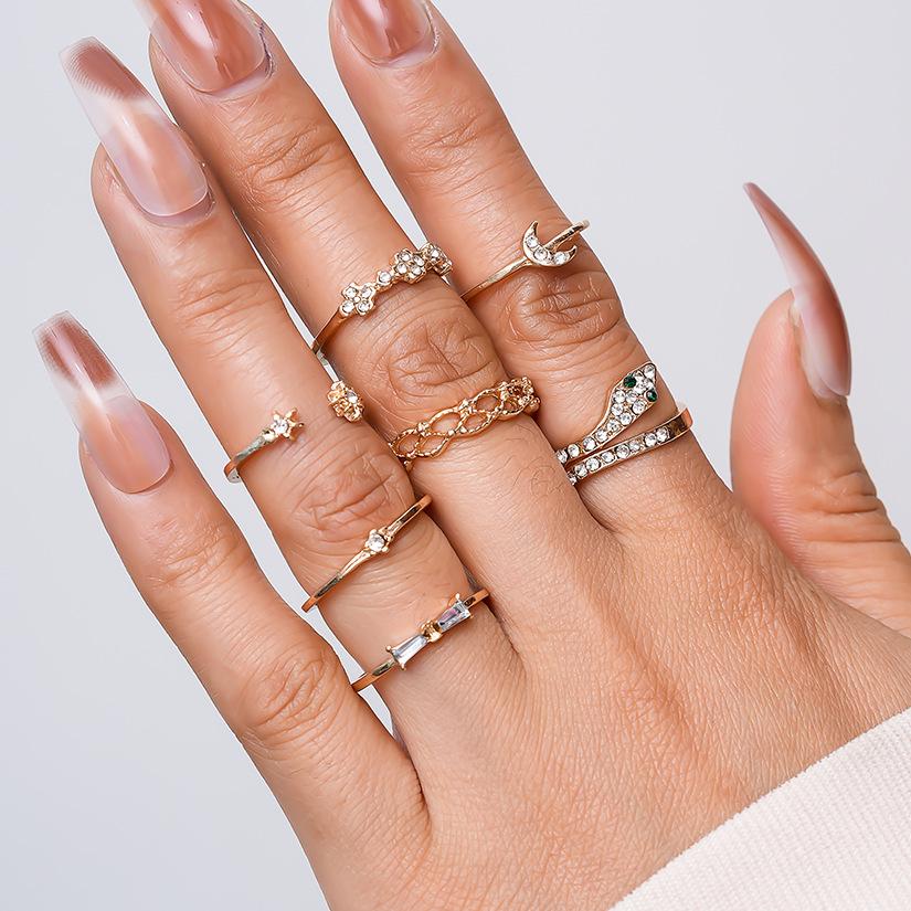 European and American Creative Geometric Joint Ring Ring Women's Hollow Moon Snake Ring Set Rings