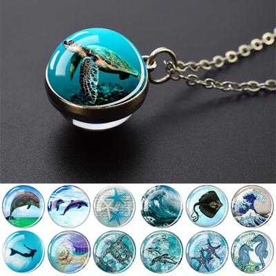 Blaues Meer Meeresleben Schmuck Halsketten Schildkröte Delphin Muscheln Zweiseitige Kristall Glaskugel Anhänger Halskette Frauen Männer Geschenk