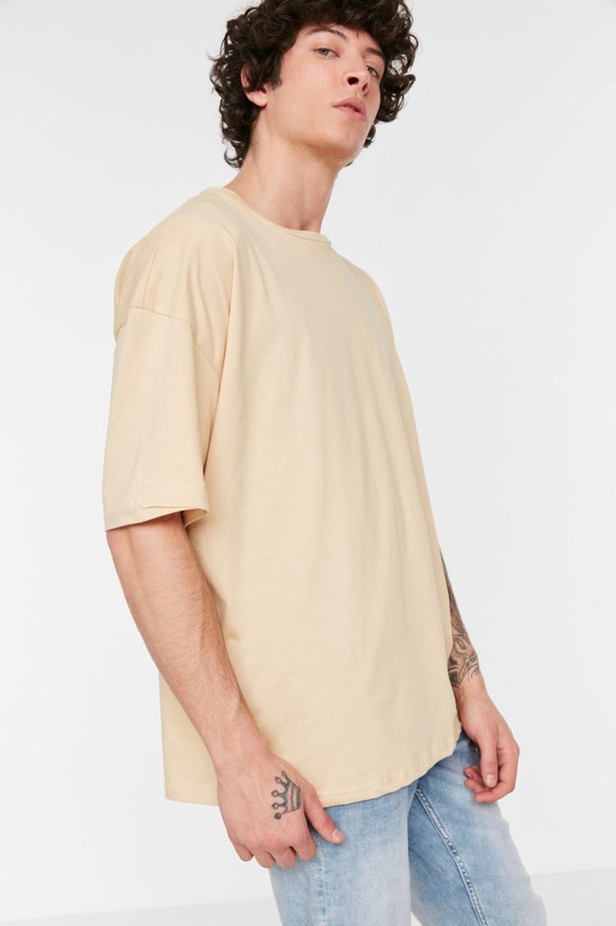 Men's Fashion T-Shirt Crew Neck Short Yellow Oversize Wide Cut Basic 100% Cotton T-Shirt