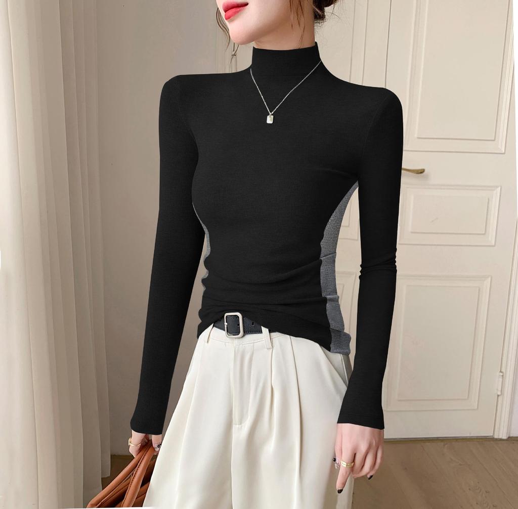 Women's Color Block Slimming Semi-High Neck Long Sleeve Top for Autumn/Winter