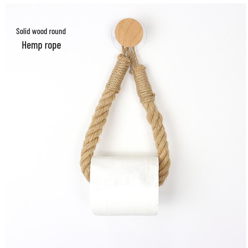 Handmade Woven Hemp Rope Tissue Holder with Solid Wood Roll Paper Rack