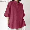 ZANZEA Women Casual Turn Down Collar Loose 3/4 Sleeve Cotton Blouse
