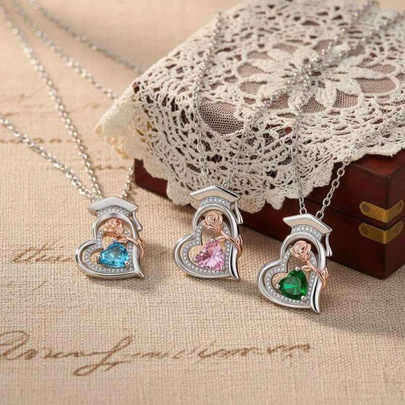 Rose Gold Plated Dual-Tone Crystal Pendant Necklace With Birthstone Women Elegant Clavicle Chain Graduation Gift