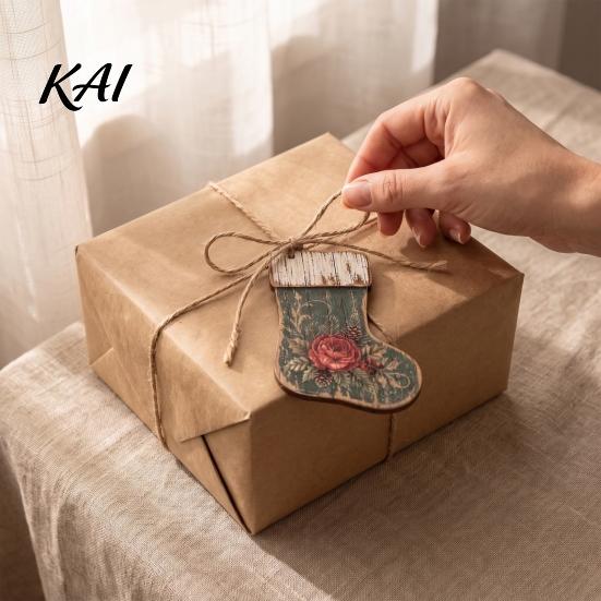 Wooden Christmas Tree Ornaments 6 Pcs Rustic Stocking Ornaments, 2D Flat Vintage Socks Hanging Decoration Distressed Texture Decor with Flower Pattern