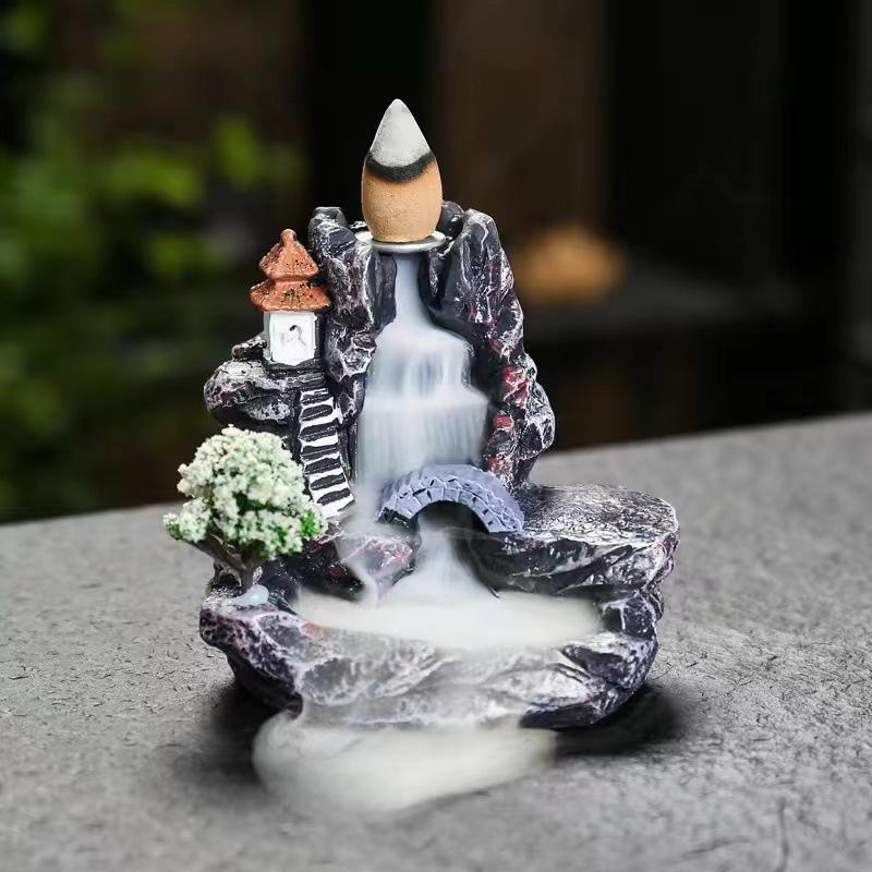 Creative Resin Backflow Incense Burner - Mountain Stream Design, for Sandalwood and Agarwood, Indoor Home Décor