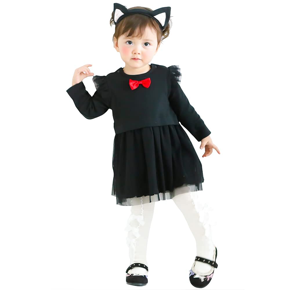 Black cat dress with cat ears and Halloween baby baby long headband, costume, clothes, girl, black, sleeves, P2294E-80-01