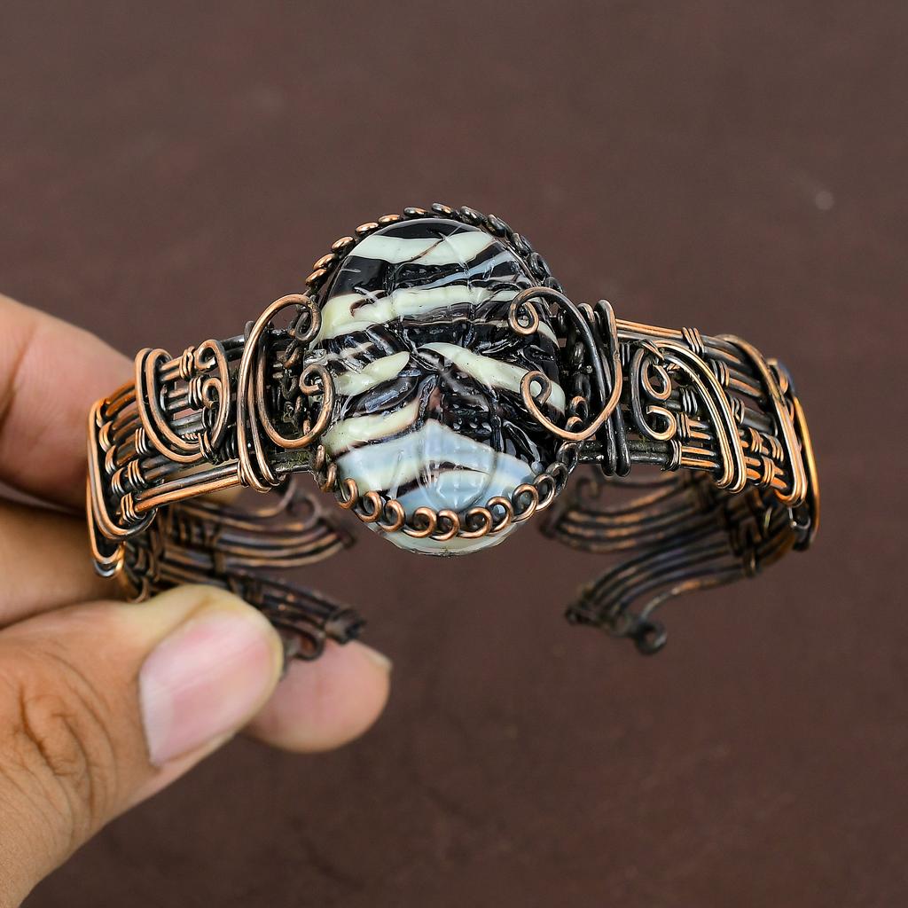 Carved Sulemani Agate Handmade Copper Wire Wrap Bangle Adjustable l6W91