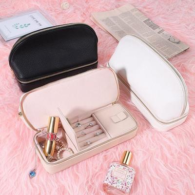 2 In 1 Makeup Bag with Jewelry Organizer Case PU Leather Versatile Women Travel Jewelry Holder Organizer Cosmetic Brushes Case