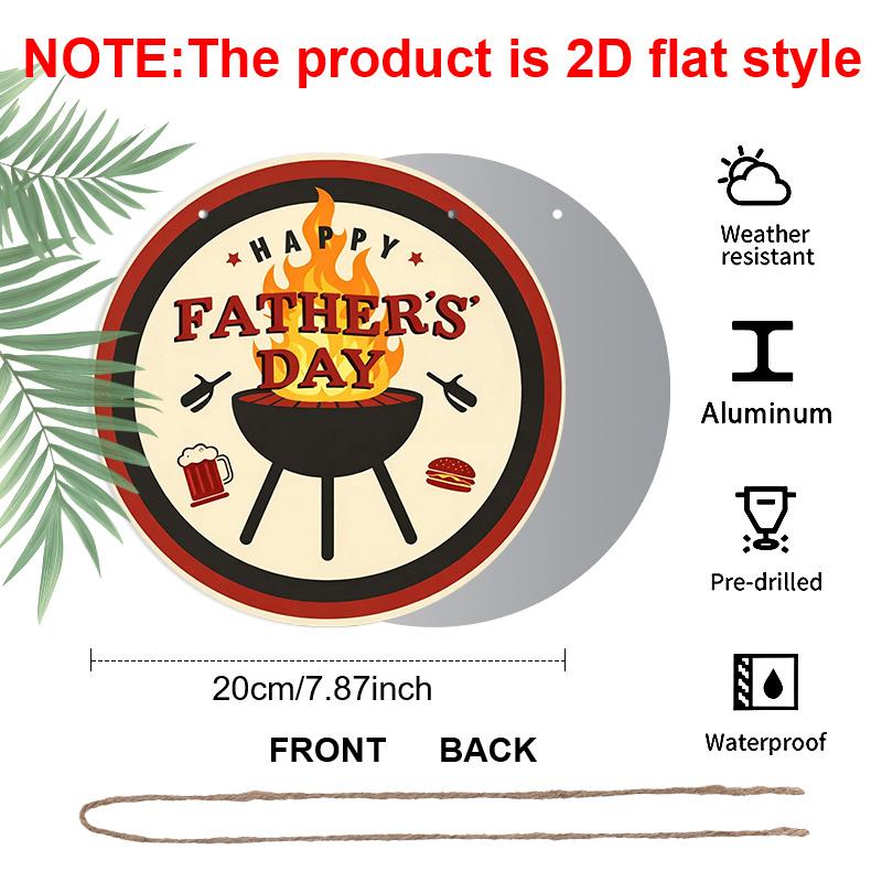 2D Flat, 1pc Round Aluminum Hanging Sign - Happy Father's Day BBQ Grill Metal Wall Art, Father's Day Themed Decor Sign, Retro Beer & Burger Design